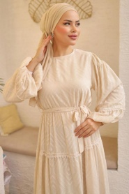 Neva Style - Kemerli Krem Tesettür Elbise 14131KR - Thumbnail