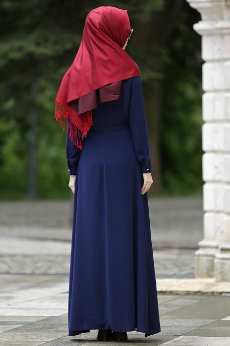 Neva Style - Kemerli Lacivert Elbise - 3