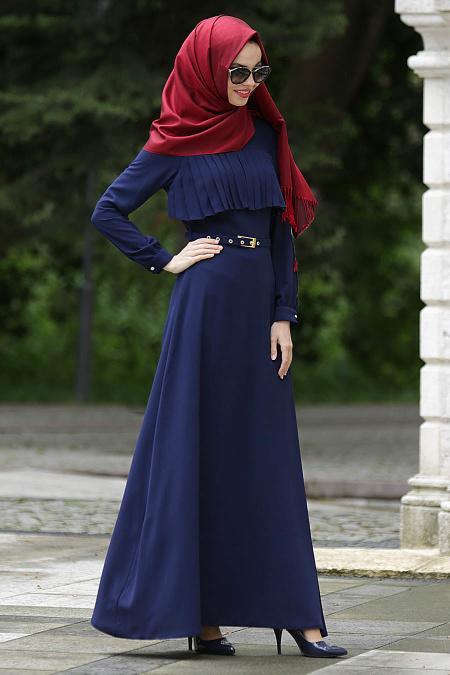 Neva Style - Kemerli Lacivert Elbise - 2
