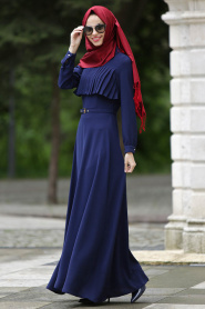 Neva Style - Kemerli Lacivert Elbise - Thumbnail