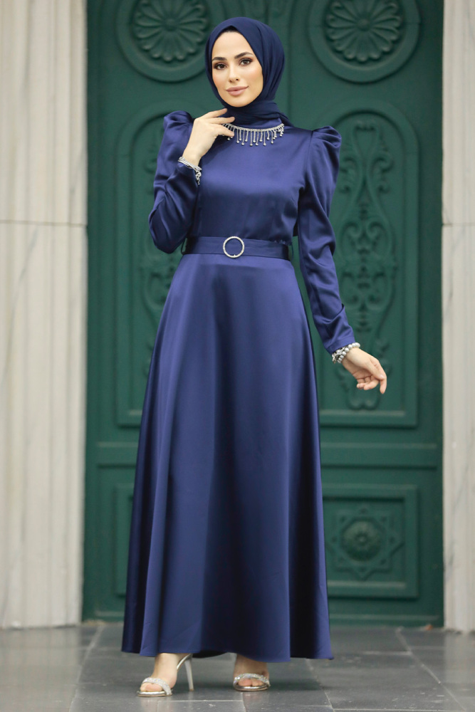 Neva Style - Kemerli Lacivert Siyah Tesettür Elbise 7725L - 1