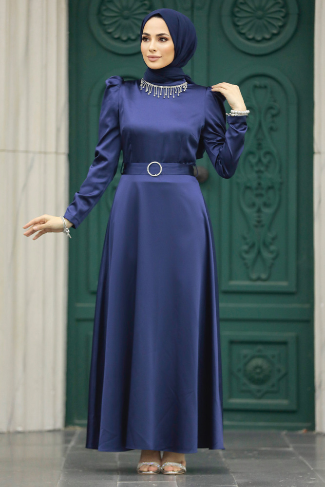 Neva Style - Kemerli Lacivert Siyah Tesettür Elbise 7725L - 2