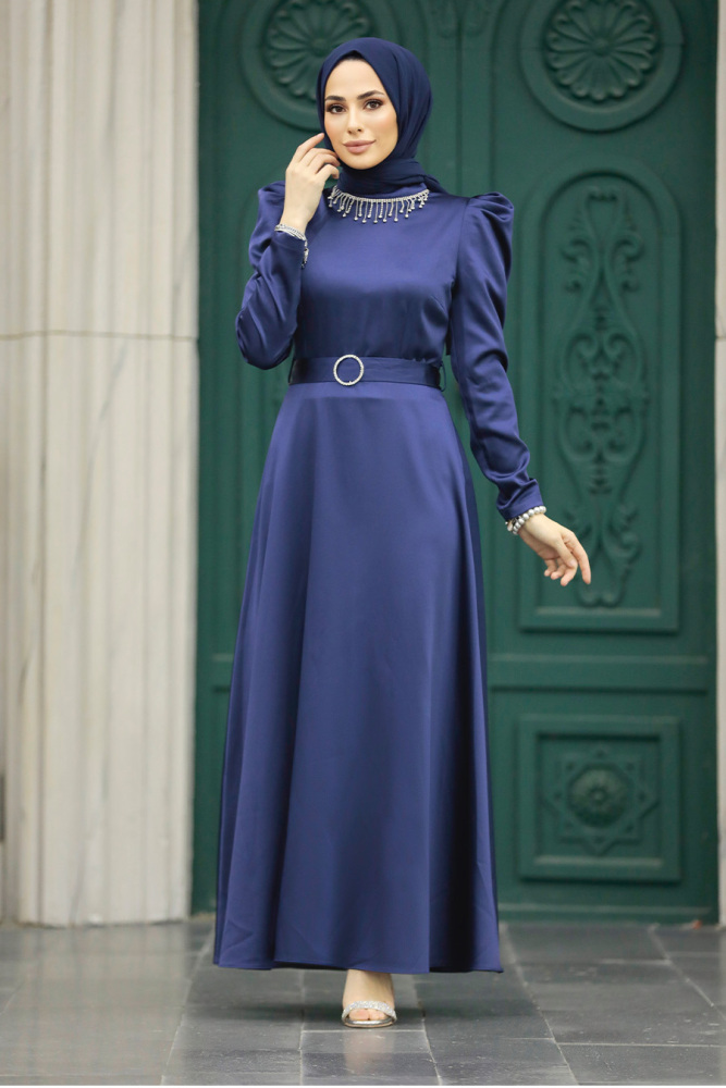 Neva Style - Kemerli Lacivert Siyah Tesettür Elbise 7725L - 3