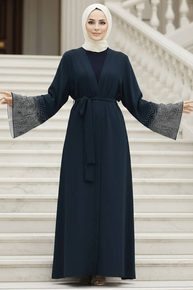  Kemerli Lacivert Tesettür Abaya 601800L - 1