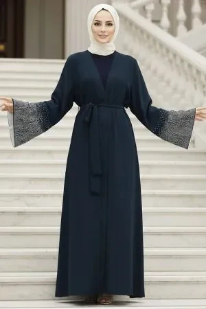  Kemerli Lacivert Tesettür Abaya 601800L - 1