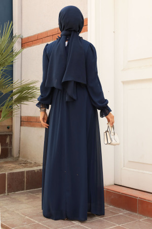 Neva Style - Kemerli Lacivert Tesettür Elbise 2971L - 3