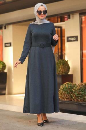 Neva Style - Kemerli Lacivert Tesettür Elbise 5062L - 1