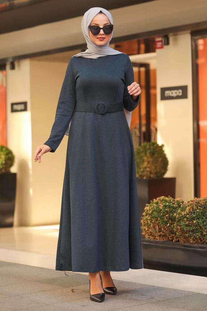 Neva Style - Kemerli Lacivert Tesettür Elbise 5062L - 1