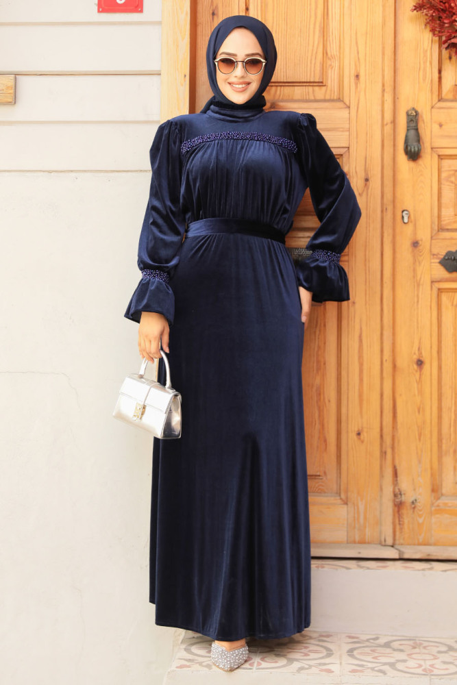 Neva Style - Kemerli Lacivert Tesettür Kadife Elbise 37291L - 3