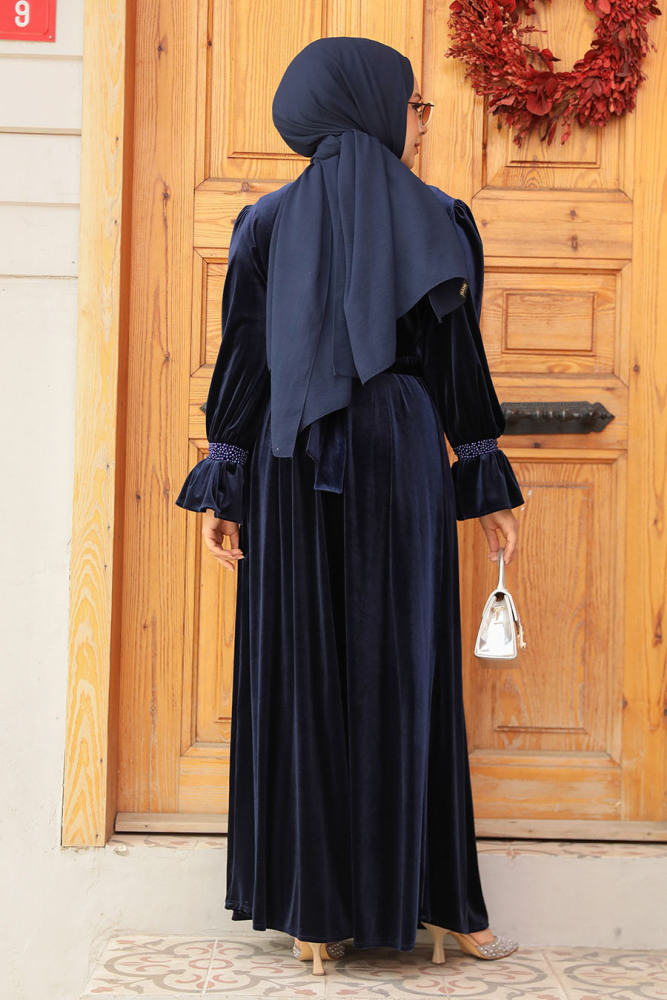 Neva Style - Kemerli Lacivert Tesettür Kadife Elbise 37291L - 4