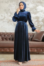 Neva Style - Kemerli Lacivert Tesettür Kadife Elbise 37291L - Thumbnail