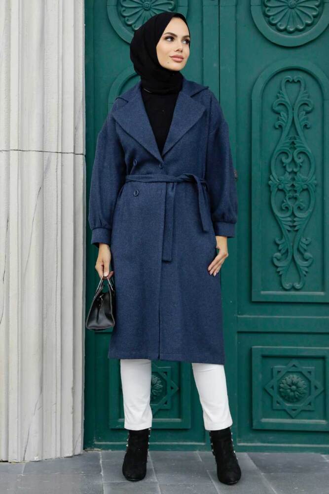 Neva Style - Kemerli Lacivert Tesettür Kaşe Kap 5802L - 3