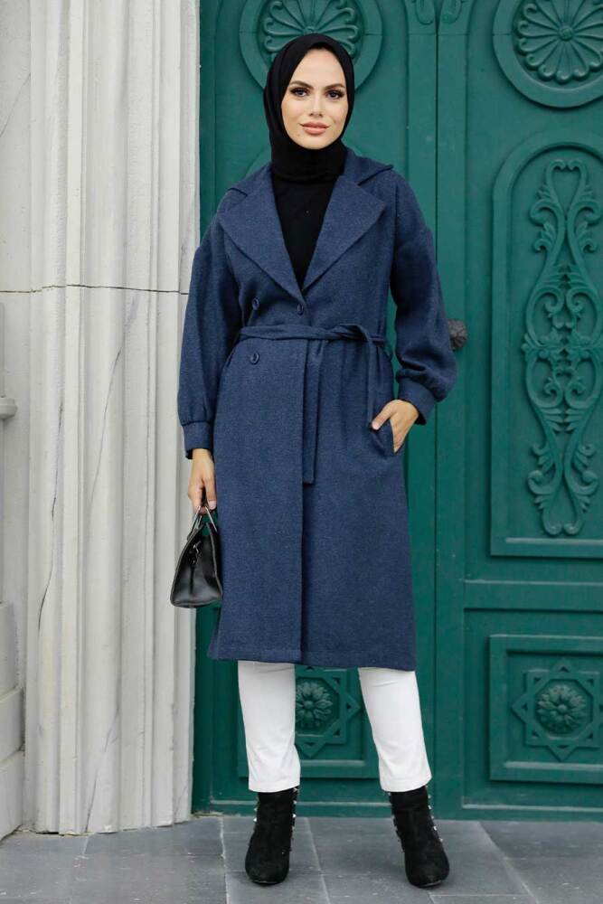 Neva Style - Kemerli Lacivert Tesettür Kaşe Kap 5802L - NEVA STYLE