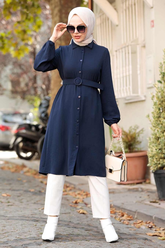 Neva Style - Kemerli Lacivert Tesettür Tunik 5641L - 1