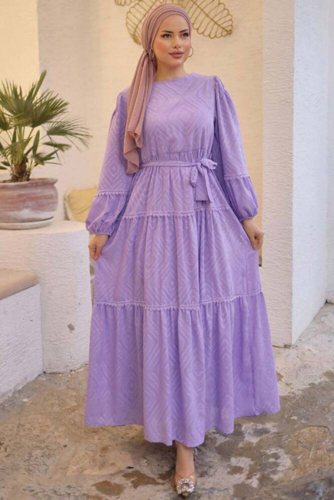  Kemerli Lila Tesettür Elbise 14131LILA - 1