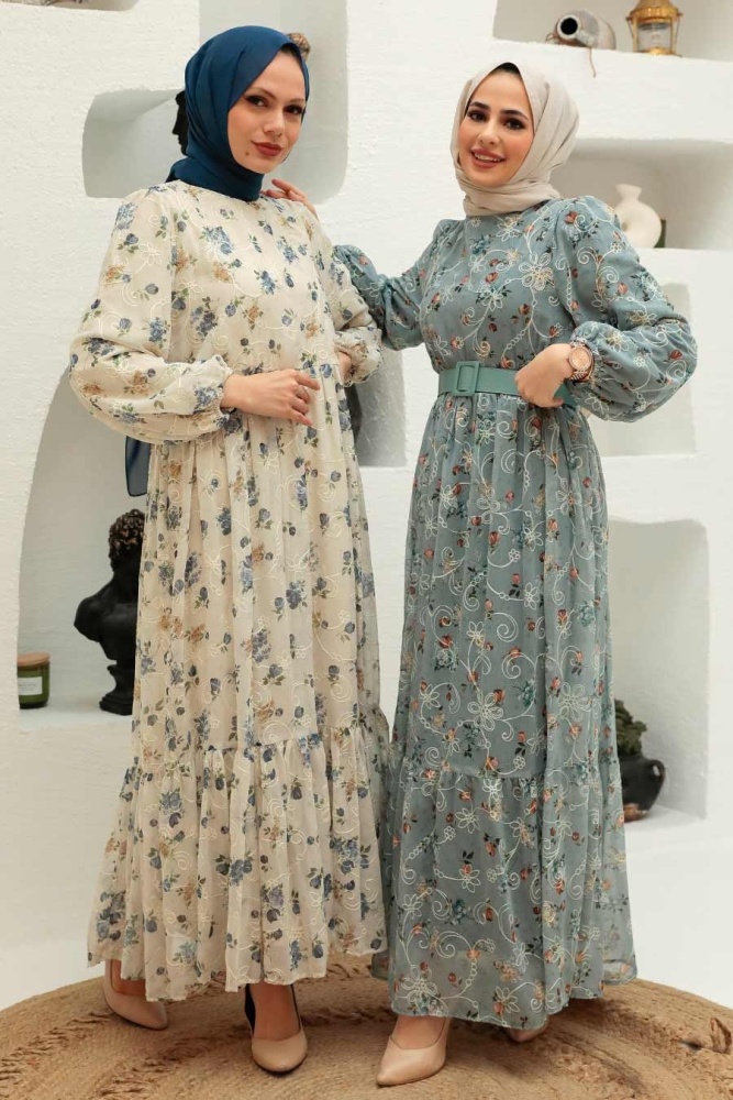 Neva Style - Kemerli Mavi Tesettür Elbise 2391M - 3