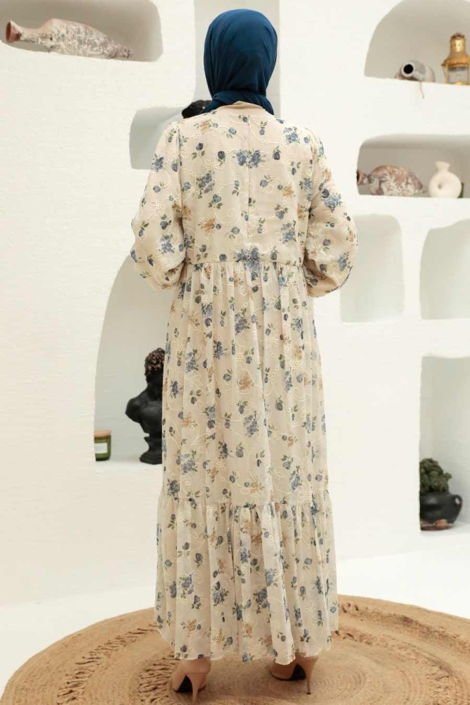 Neva Style - Kemerli Mavi Tesettür Elbise 2391M - 4