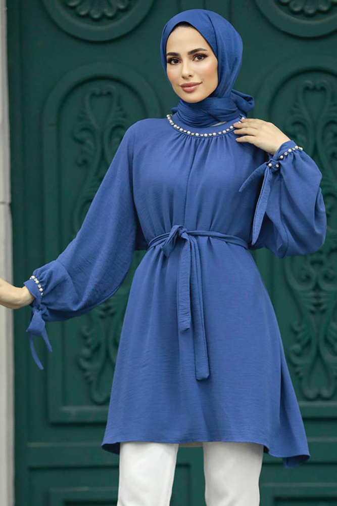 Neva Style - Kemerli Mavi Tesettür Tunik 597M - 1