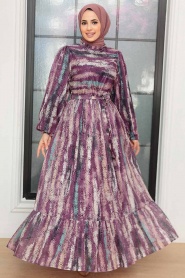 Neva Style - Kemerli Mor Tesettür Elbise 12101MOR - Thumbnail