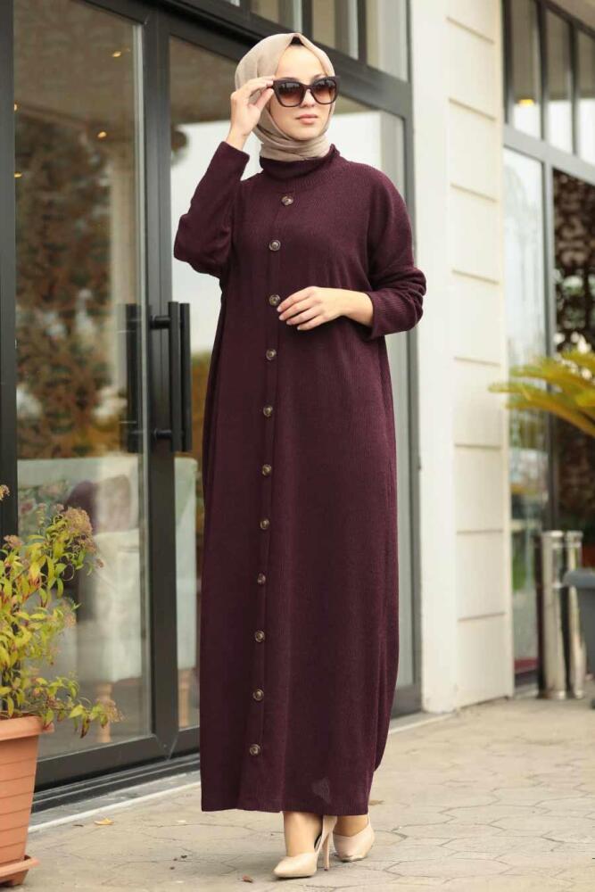 Neva Style - Kemerli Mürdüm Tesettür Elbise 12015MU - 2