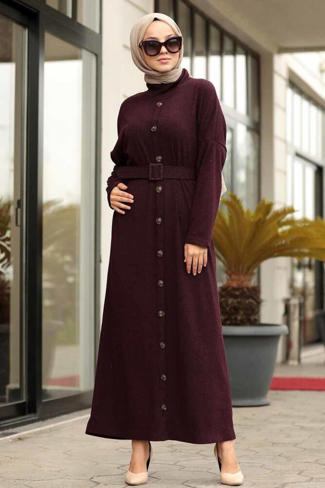 Neva Style - Kemerli Mürdüm Tesettür Elbise 12015MU - 1