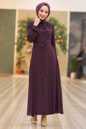 Neva Style - Kemerli Mürdüm Tesettür Elbise 27922MU - 1