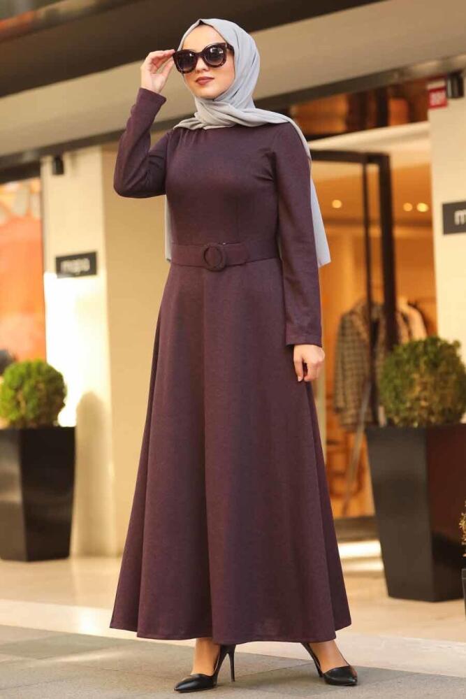 Neva Style - Kemerli Mürdüm Tesettür Elbise 5062MU - 1