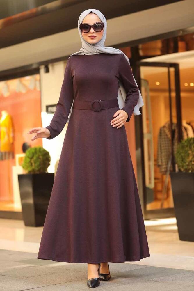 Neva Style - Kemerli Mürdüm Tesettür Elbise 5062MU - 2