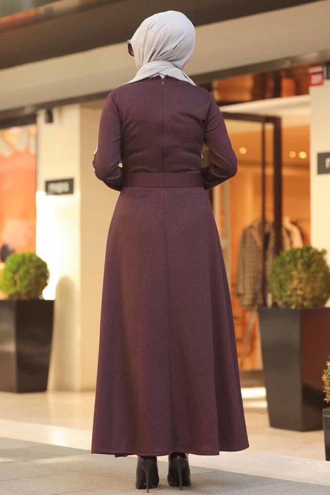 Neva Style - Kemerli Mürdüm Tesettür Elbise 5062MU - 3