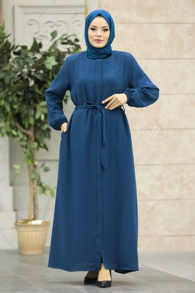 Neva Style - Kemerli Petrol Mavisi Tesettür Ferace 62534PM - 3