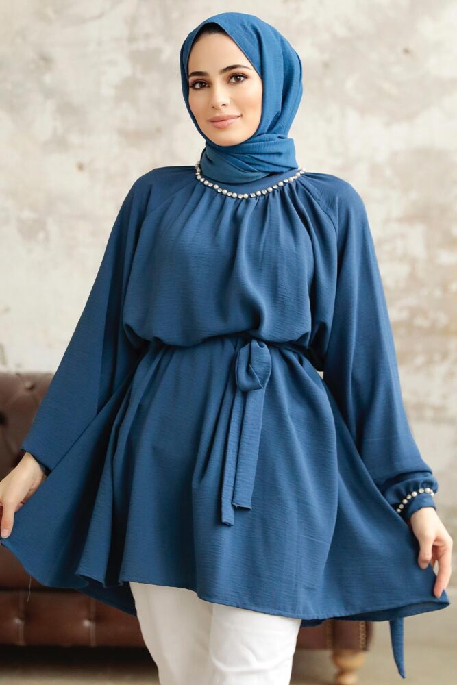 Neva Style - Kemerli Petrol Mavisi Tesettür Tunik 597PM - 1