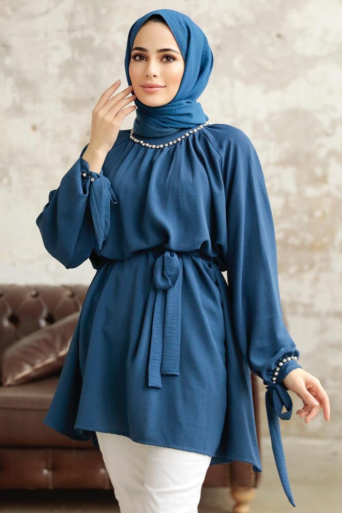 Neva Style - Kemerli Petrol Mavisi Tesettür Tunik 597PM - 2