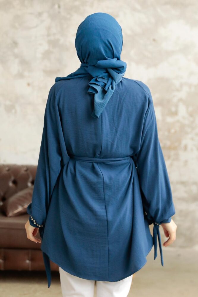 Neva Style - Kemerli Petrol Mavisi Tesettür Tunik 597PM - 3