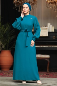 Neva Style - Kemerli Petrol Yeşili Tesettür Elbise 30013PY - Thumbnail