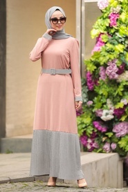 Neva Style - Kemerli Pudra Tesettür Elbise 11073PD - Thumbnail