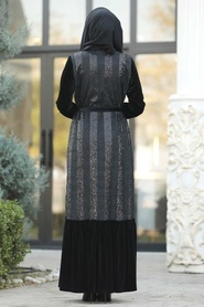 Neva Style - Kemerli Pul Detaylı Siyah Tesettür Abaya 9141S - Thumbnail