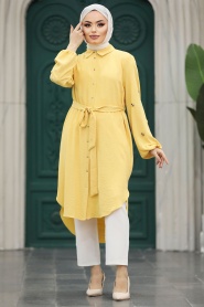 Neva Style - Kemerli Sarı Tesettür Tunik 21095SR - Thumbnail