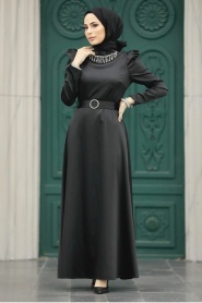 Neva Style - Kemerli Saten Siyah Tesettür Elbise 7725S - Thumbnail