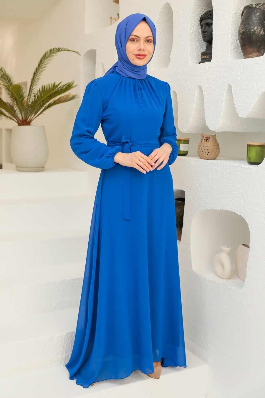 Neva Style - Kemerli Sax Mavisi Tesettür Elbise 27922SX