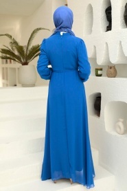Neva Style - Kemerli Sax Mavisi Tesettür Elbise 27922SX - Thumbnail