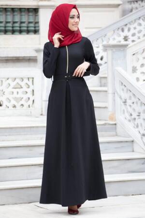 Neva Style - Kemerli Siyah Elbise - 1