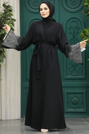  Kemerli Siyah Tesettür Abaya 601800S - 2