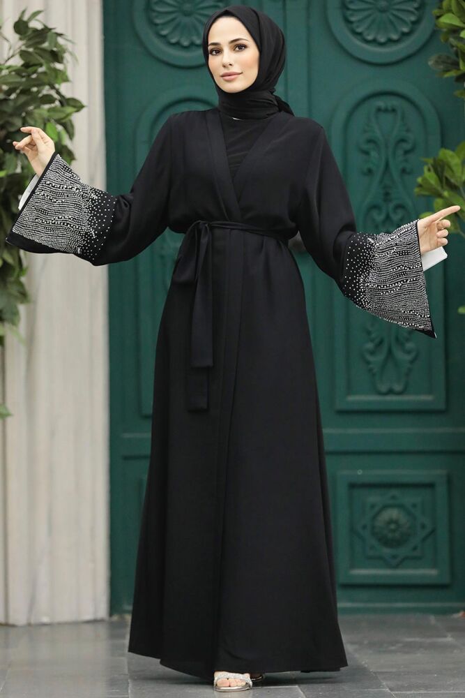  Kemerli Siyah Tesettür Abaya 601800S - 2