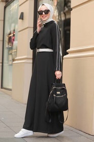 Neva Style - Kemerli Siyah Tesettür Elbise 11064S - Thumbnail
