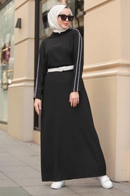 Neva Style - Kemerli Siyah Tesettür Elbise 11064S - Thumbnail