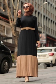 Neva Style - Kemerli Siyah Tesettür Elbise 11073S - Thumbnail