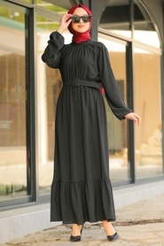 Neva Style - Kemerli Siyah Tesettür Elbise 1137S - Thumbnail