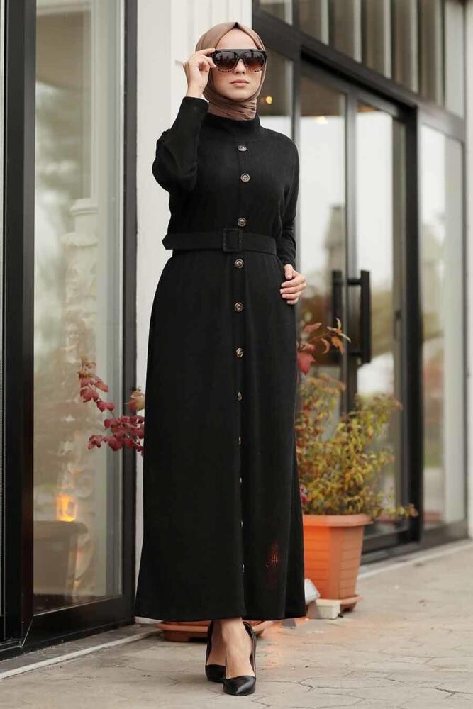 Neva Style - Kemerli Siyah Tesettür Elbise 12015S - 1