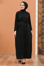 Neva Style - Kemerli Siyah Tesettür Elbise 12151S - Thumbnail