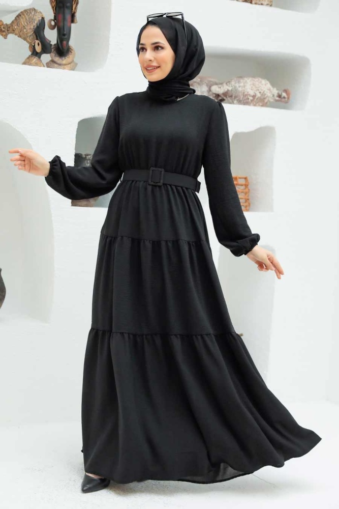 Neva Style - Kemerli Siyah Tesettür Elbise 13024S - 1